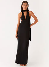 Alicia Satin Halter Maxi Dress - Black