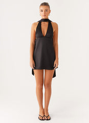Alicia Satin Halter Mini Dress - Black