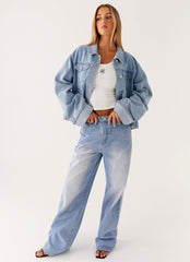 Back Again Oversized Denim Jacket - Light Wash Blue