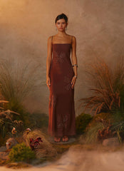 Bayla Beaded Flower Maxi Dress - Chocolate