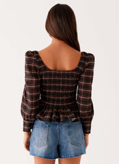 Joyce Long Sleeve Shirred Top - Chocolate Check