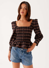 Joyce Long Sleeve Shirred Top - Chocolate Check