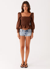 Joyce Long Sleeve Shirred Top - Chocolate