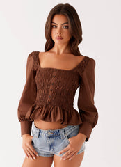 Joyce Long Sleeve Shirred Top - Chocolate