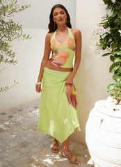 Liana Ruched Maxi Skirt - Green Tropical