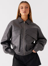 Lula Faux Leather Bomber Jacket - Charcoal
