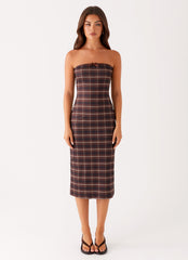 Niko Strapless Midi Dress - Brown Black Check